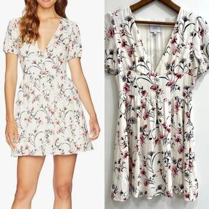 J.O.A. Women's Deep V Neck Floral Short Sleeve Fit and Flare Mini Dress Small